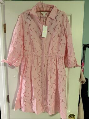 Light Pink Button-Front Shirt Dress with Subtle Leaf Print Amrita floral faille